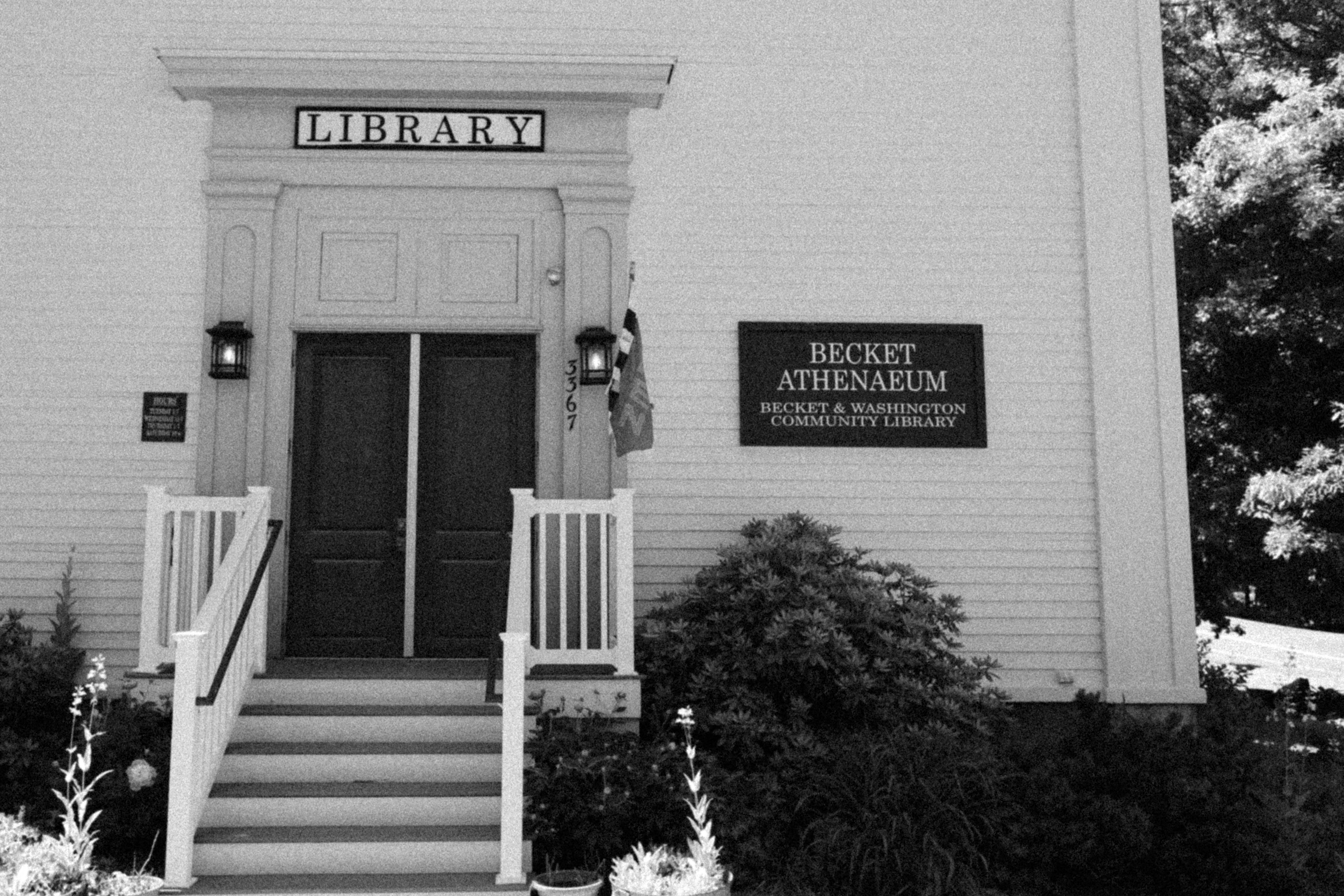 Exterior entrance of Becket Athenaeum in Becket, Massachusetts.