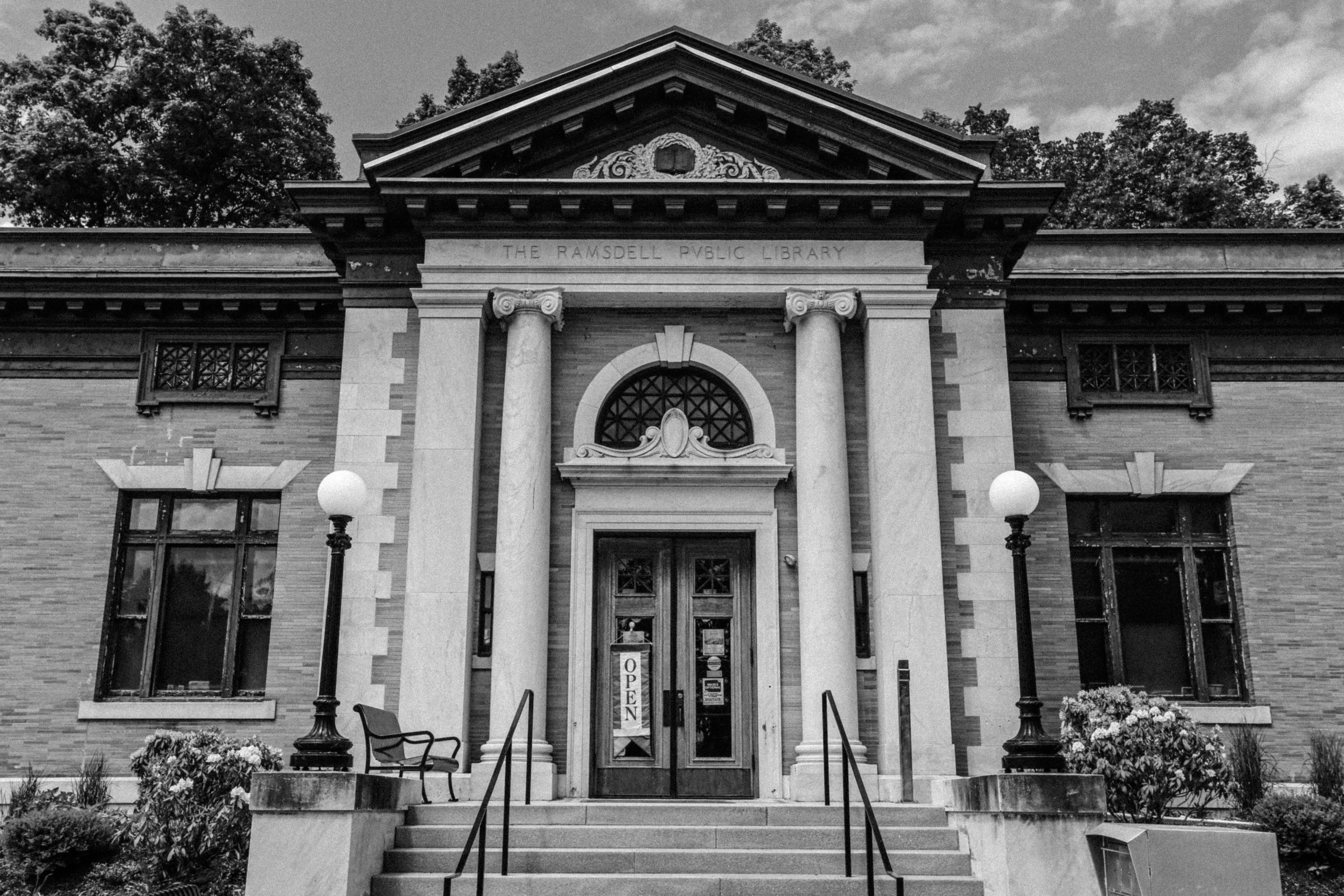 Exterior entrance of Ramsdell Library in Housatonic, Massachusetts.